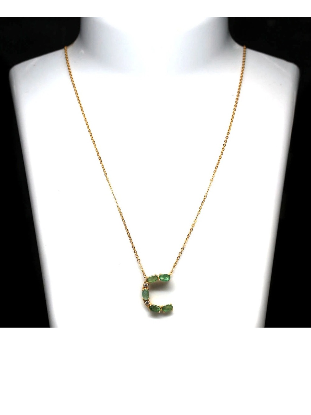 Genuine Emerald Initial C 18K Yellow Gold Pendant Necklace 20”